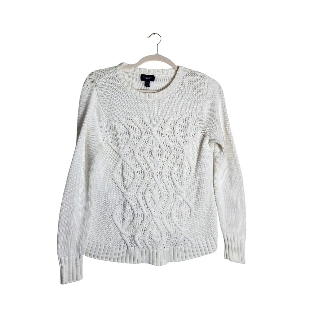 Lands End Drifter Cable Knit Sweater Womens XL Tall Ivory Cotton Crew Neck